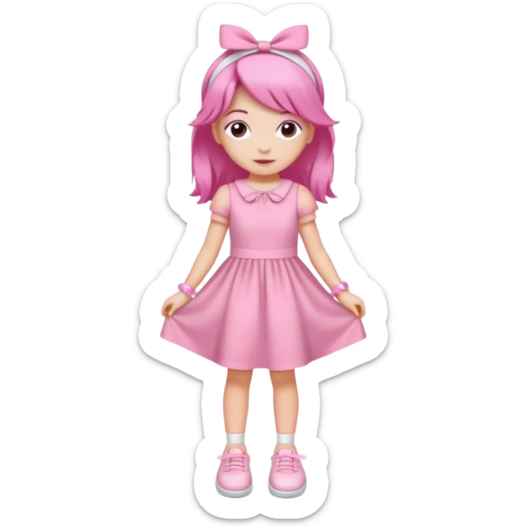 A girl wear a a pink pink dress and pink wacth and a pink hairband and a white shoes sticker