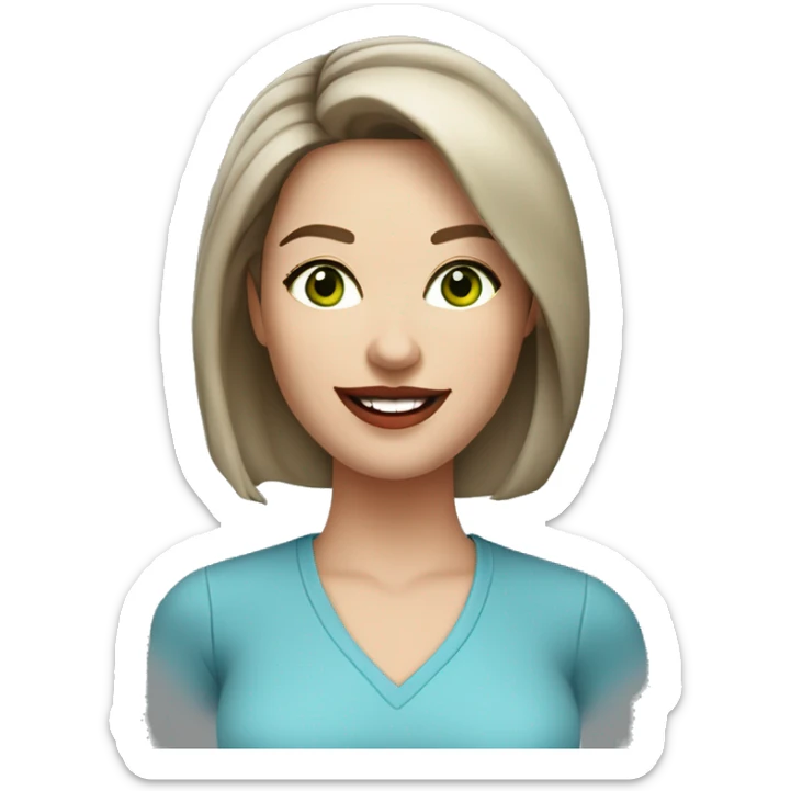 A headshot of a cheerful woman in her 30s with light white skin, shoulder-length dark brown hair, and a round face with prominent cheekbones. She has dark green eyes, full lips with red lipstick, and a warm, friendly smile. She's wearing a blue shirt. sticker