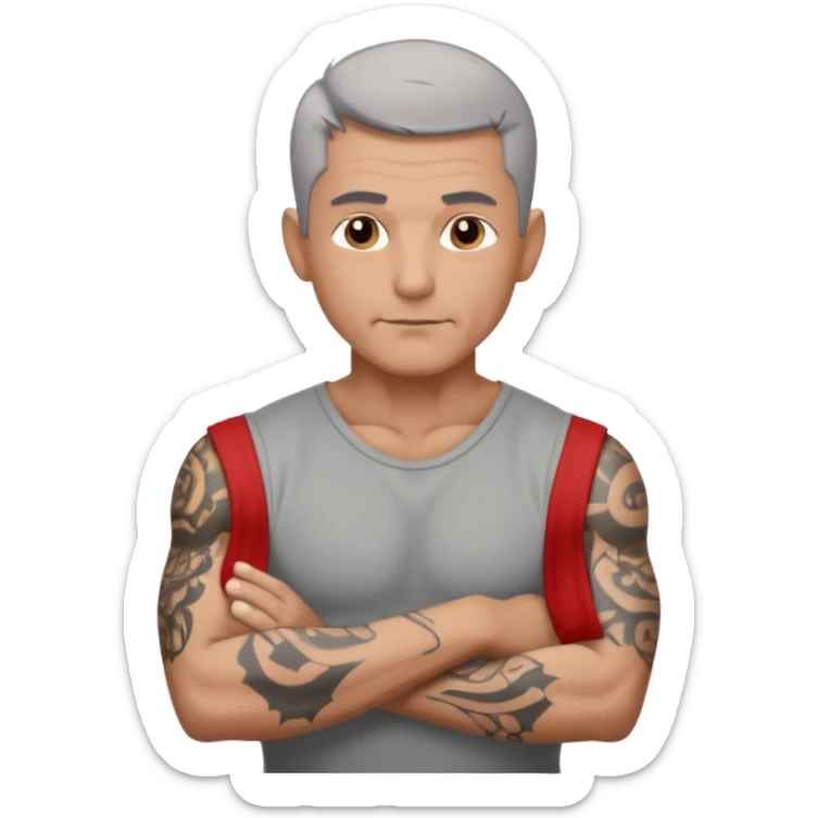 un homme de 50 ans, cheveux court gris, musclé avec le bras droit tatoué sticker