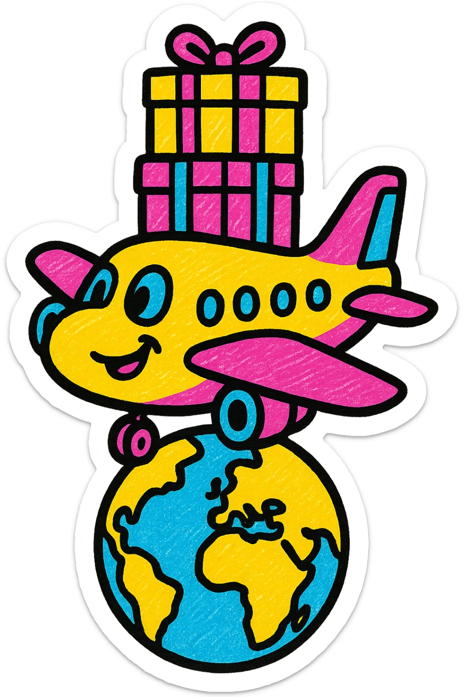 A lively and playful icon of an airplane delivering packages worldwide sticker