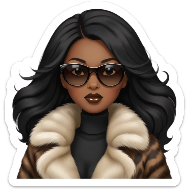 Long hair blowing in wind, sunglasses, fashion, diva black woman, mink fur coat sticker
