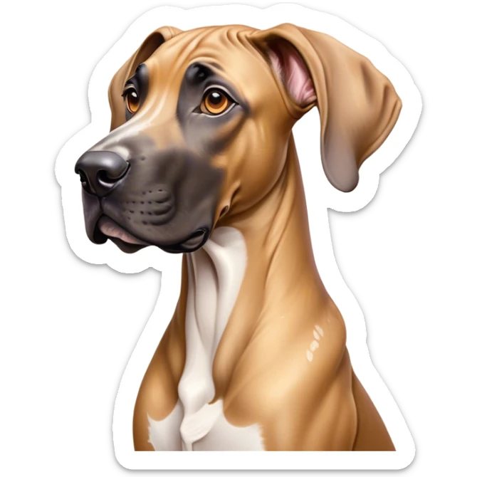 Cinematic Cute Fawn Great Dane Portrait Emoji, Head tilted playfully and inquisitively, showcasing a glossy fawn coat with a subtle luster, round, sparkling amber eyes filled with curiosity, Simplified yet irresistibly adorable features, highly detailed, glowing with a warm, friendly glow, high shine, affectionate and gentle, stylized with a touch of whimsy, bright and endearing, soft glowing outline, capturing the essence of a mischievous yet loving pup, so playful it feels like it could lumber out of the screen and into your arms! sticker