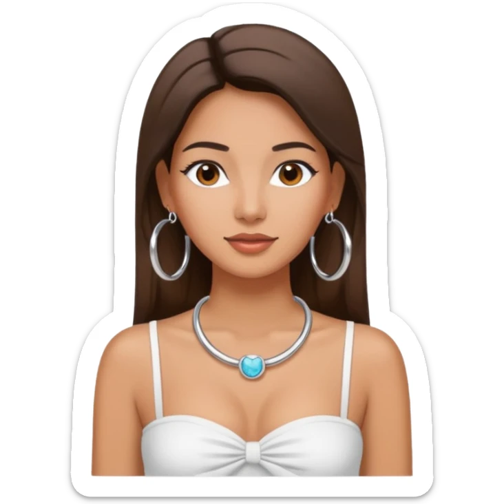 latina makeup olsun, saçları düz, halka küpeler büyük gümüş renginde olsun, kolye taksın ve beyaz bir Bandeau top kıyafet giyisin sticker