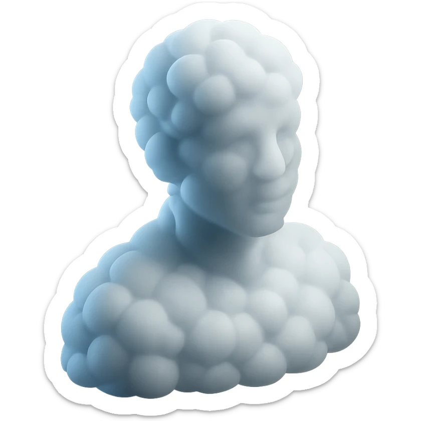 person looking straight, made entirely of white fluffy convex clouds, shoulder up, matte glass style, no background sticker