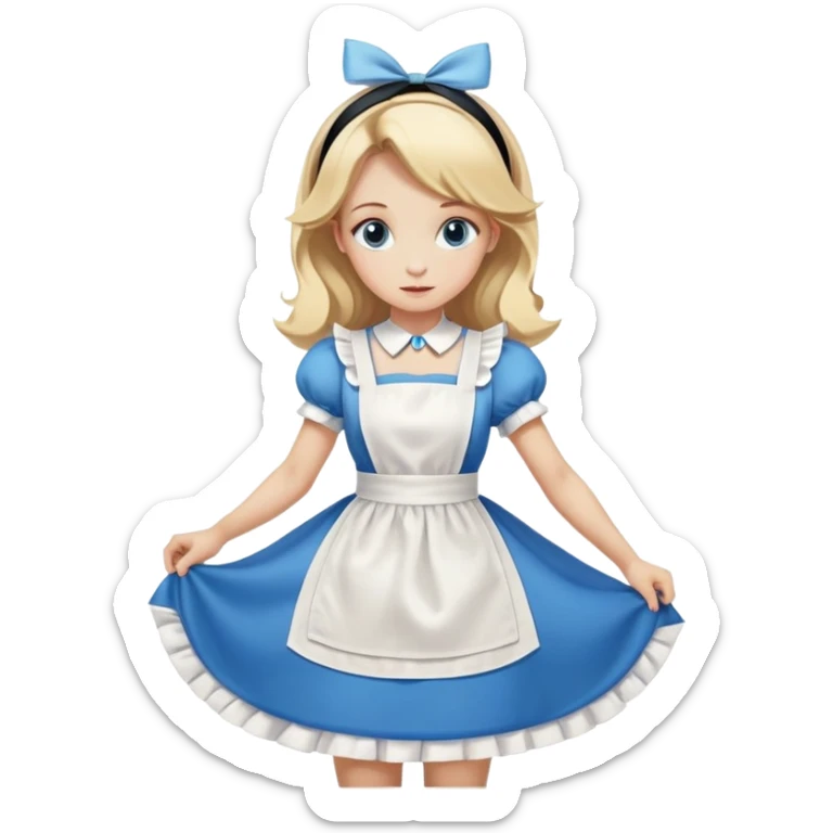 Disney's Alice in Wonderland curtseying in her blue dress with white apron, blonde hair with headband sticker