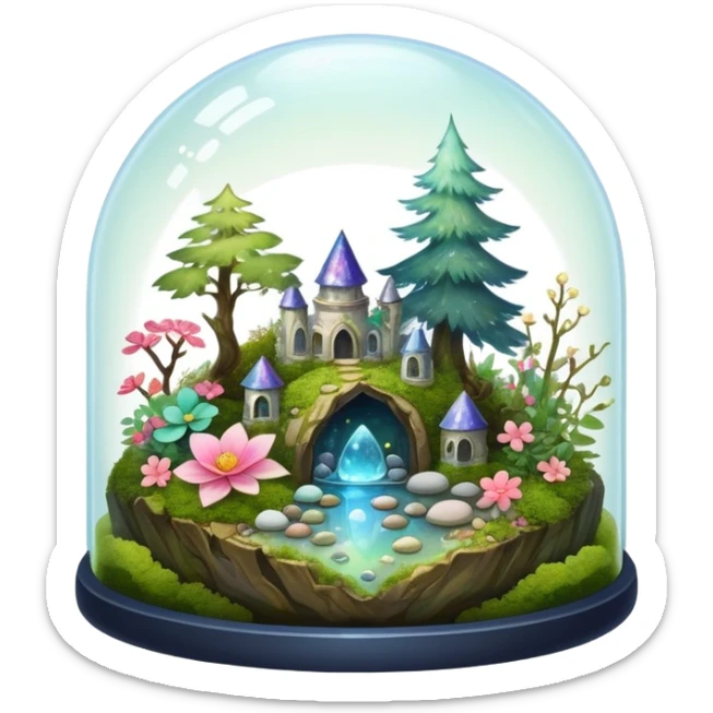 Sparkly shiny iridescent Mystical woodland glass-dome-terrarium-globe with moss inside, with marbles, with pebbles, crystals, with bones inside, and flowers inside  sticker