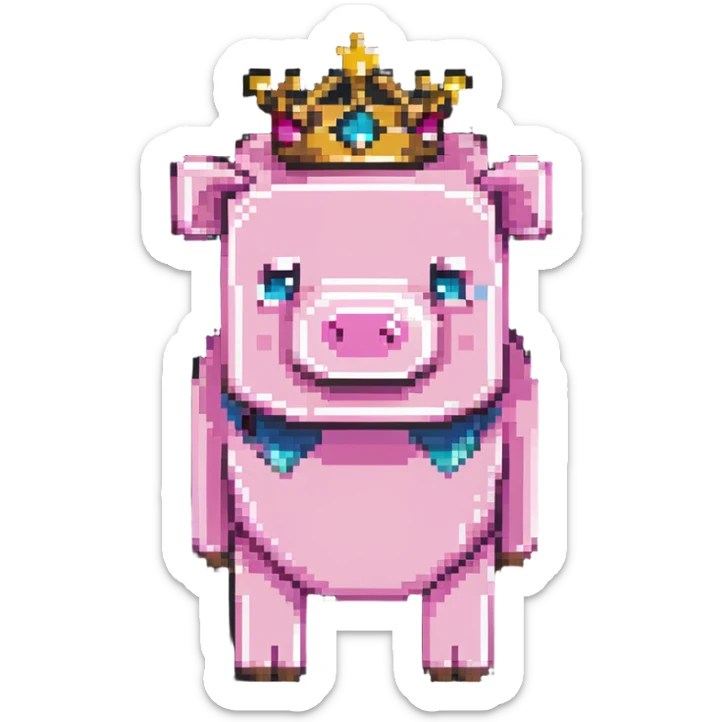 Minecraft pig full body pink blocky animal with square head wearing a crown sticker