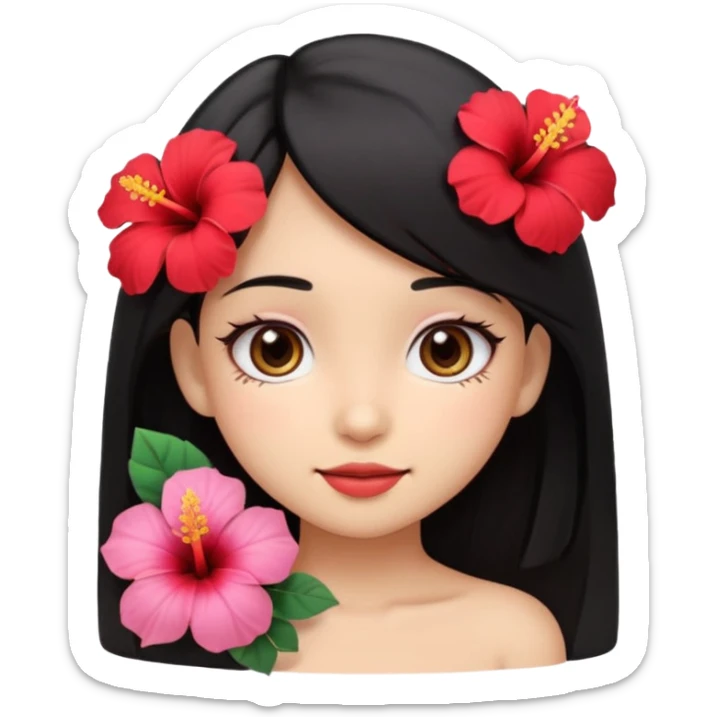 kawaii emoji-style girl face, inspired by Lilo, big eyes, soft smile, tan skin, straight black hair, red hibiscus flower on left, minimal details, pastel colors sticker