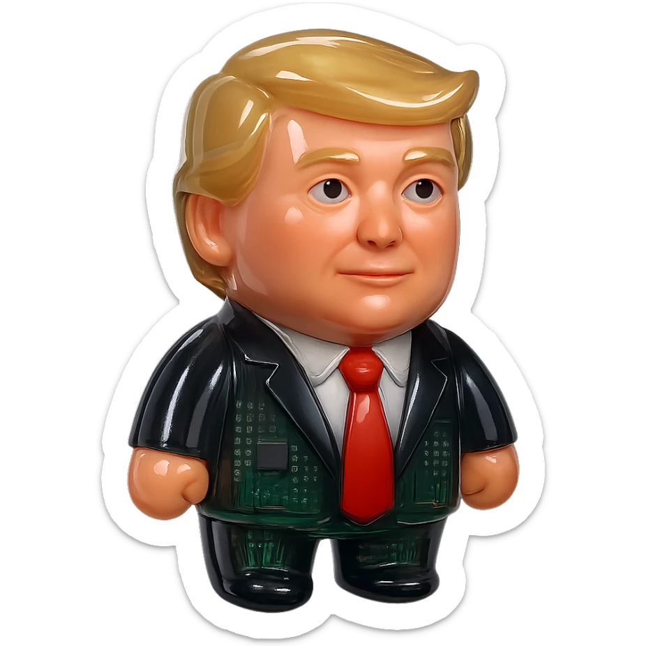 Donald Trump, modern 3D avatar, dark suit, red tie, realistic face with cartoon polish, glossy, black background, centered sticker