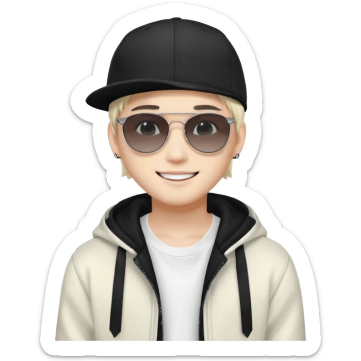 Portrait of a male K-pop idol, white skin, wearing a stylish streetwear outfit with layered clothing, makeup, wearing a black cap, smiling, sunglasses sticker