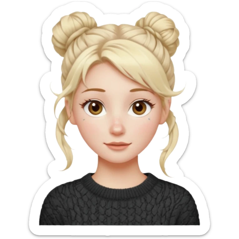 blonde hazel eyes woman with a white cable knit sweater and one messy bun with tendrils of hair flowing down her face and she is happy pale, some freckles, blush. she has a cateye wing and long lashes sticker