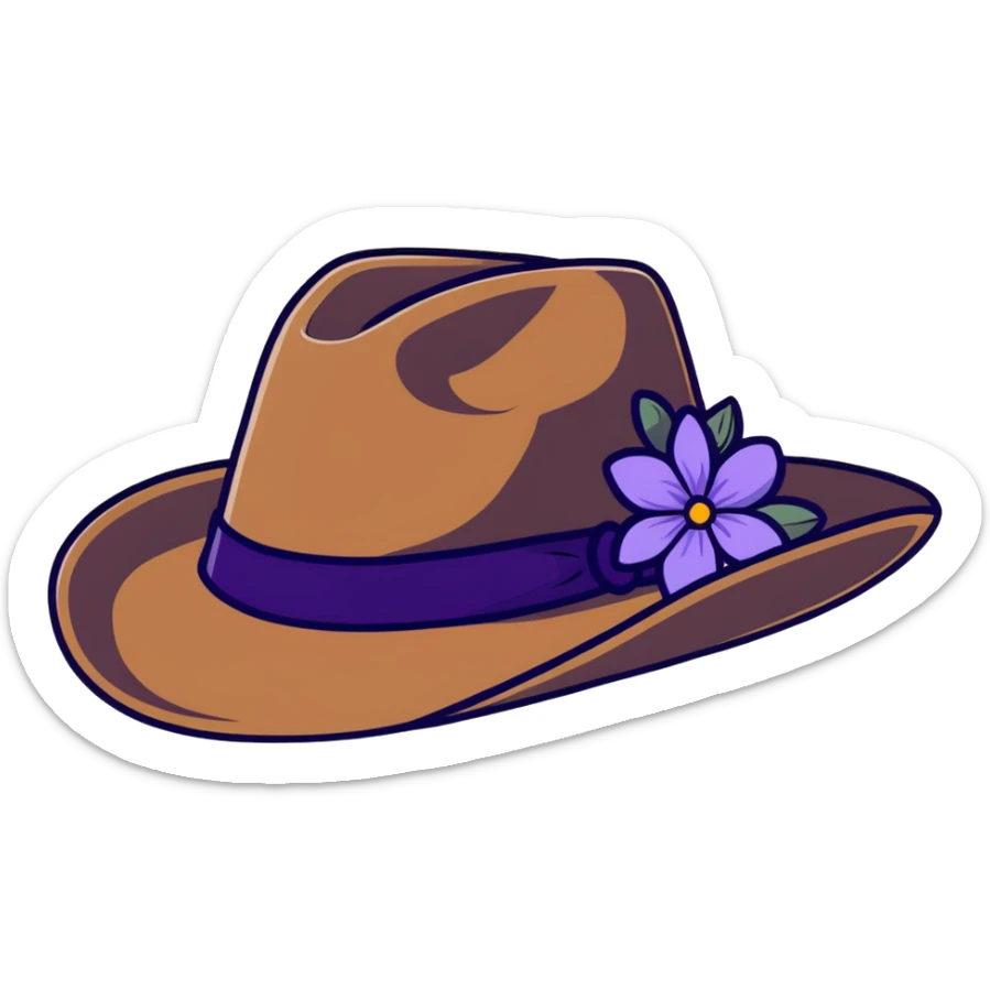 Cowgirl hat with purple lavender flowers, wide-brimmed brown western hat sticker