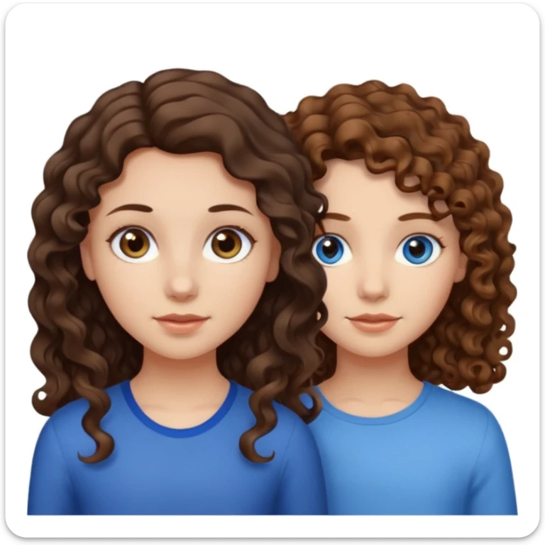 girl with dark brown wavy hair and light brown eyes next to a girl with light brown curly hair with blue eyes sticker