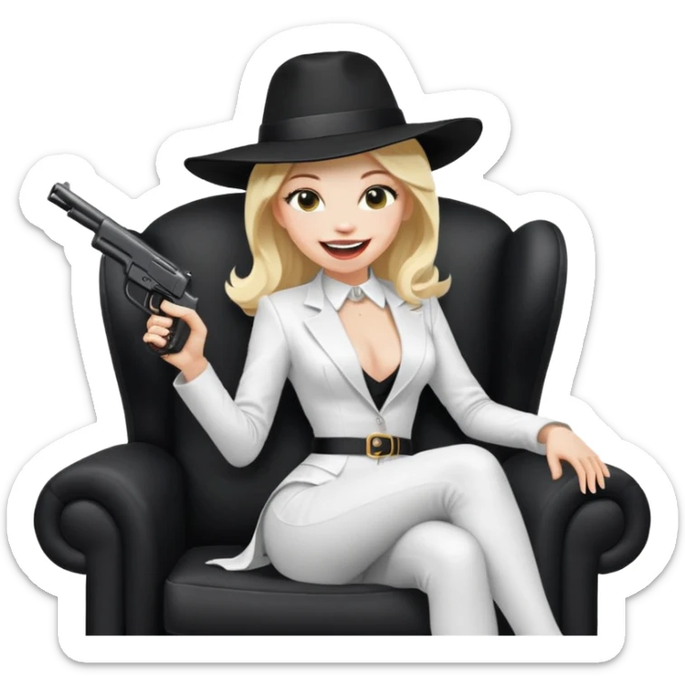Mafia blondes Laughter woman in hat , gun ,black armchair , white costume  sticker