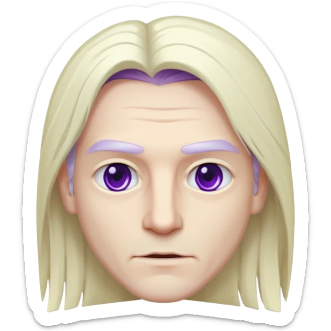 Beyaz uzun ve düz saçları olan,mor göz rengi olan, bembeyaz tenli bir erkek,genç,gözleri hafif çekik ve saçları da teni de bembeyaz olacak,genç olacak,kırışıklığı olmayacak,gözleri çekik ve mor renk olacak,alnında kırışıklık olmayacak,saçı daha beyaz olsun,genç olacak sticker