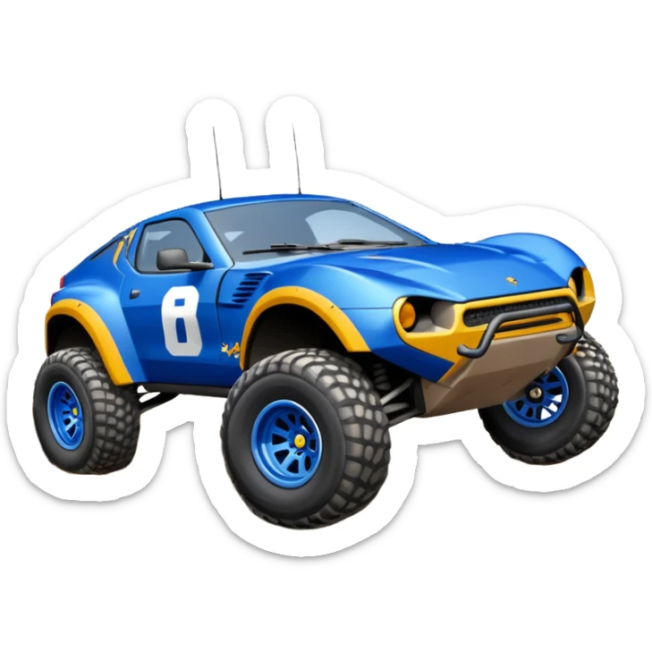 Dirty Midnight-blue Local Motors Rally Fighter off road race car after jumping over a dirt ramp  sticker