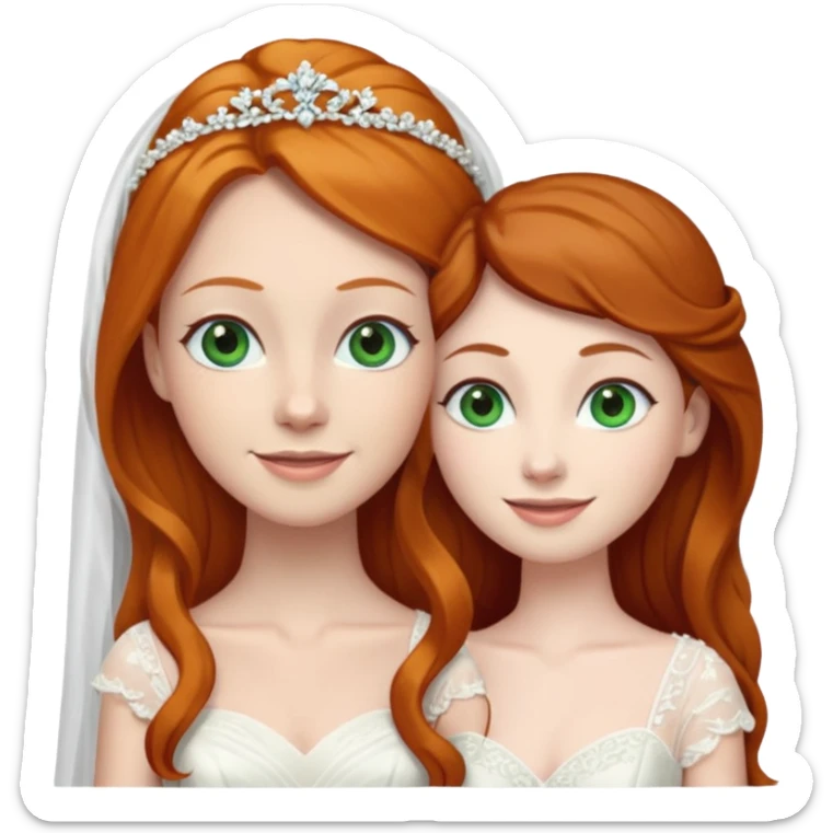A ginger woman with blue eyes, marrying a taller, pale woman with very dark brown hair and green eyes, both in wedding dresses. sticker