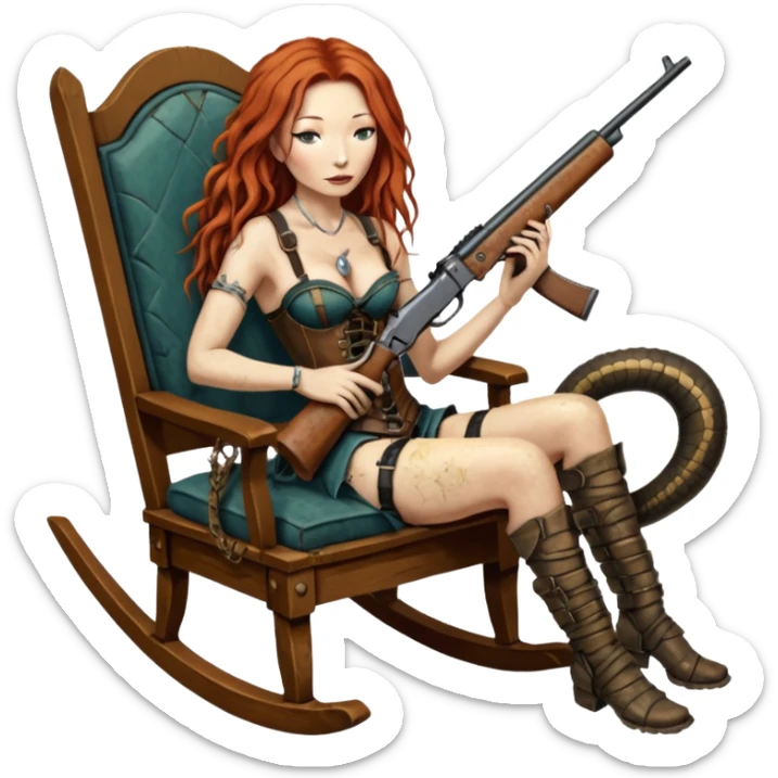 solarpunk ultra HD very old and tired Tori Amos casually crouches on a rocking chair in a torn corset, holding a lintlock double-barreled rifle and with muddy feet. a bronze snake wrapped itself around the chair sticker
