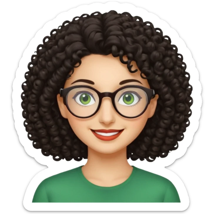 iranian woman, tight curly hair, glasses, green eyes, pretty, oval shape face sticker