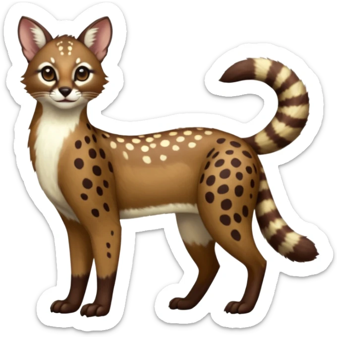 Colorful dark chocolate-brown tropical beige fur glorious divine exotic cute cool beautiful shiny beautiful fantasy-caracal-civet-genet-sergal-vernid-Cacomistle-oncilla-animal-Fakémon-hybrid-fursona with white deer-spots pattern markings (full body) sticker