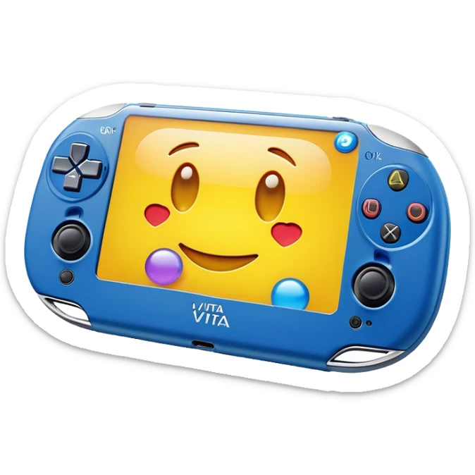 Clash of Clans aesthetic: Cinematic Playful PlayStation Vita Portrait Emoji, rendered in a 3D vector-style similar to standard emojis with minimal shading and bold, simplified shapes. A compact, distinct form with signature details, softly glowing with a cutting-edge console technology charm. Simplified yet unmistakably iconic, highly detailed and consistent, glowing with a soft radiance and high shine. Stylized with a touch of technological advancement and a soft glowing outline, capturing the essence of a beloved gaming relic with a friendly, playful manner! sticker