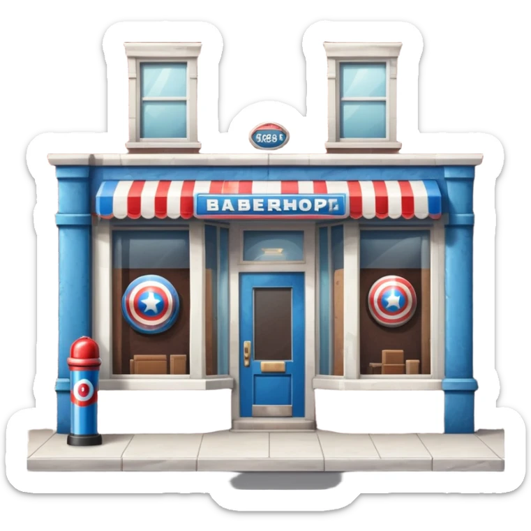 barbershop exterior with secret superhero lair hidden inside, barber pole, secret entrance sticker