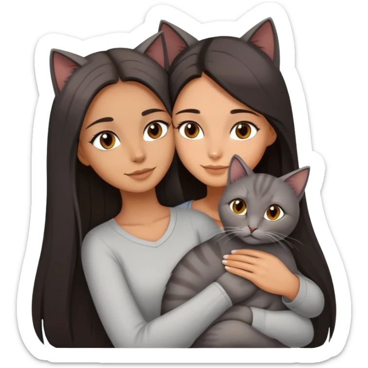 beautiful woman with dark long straight hair and brown eyes hugs a grey cat  sticker