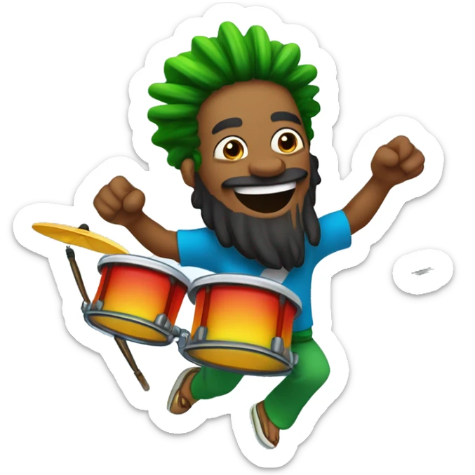  Draw a Brazilian drummer with tied hair, a beard, and Rastafarian style, jumping with joy and energetically playing drums in a live broadcast. The logo "GG Lukas Drummer" should be part of the background. sticker