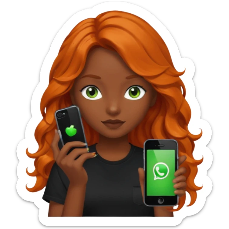 Girl with dark long orange wavy hair, green eyes, and black t-shirt and phone with black  app on hand sticker