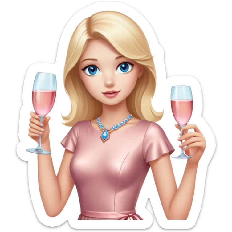 Pretty Blonde model, blue eyes, wearing a rose gold dress with short sleeves, raising a glass of pink champagne sticker