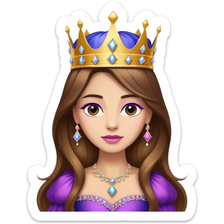 Queen, brown long hair, big golden crown encrusted with diamonds from blue to purple to pink, black dress sticker