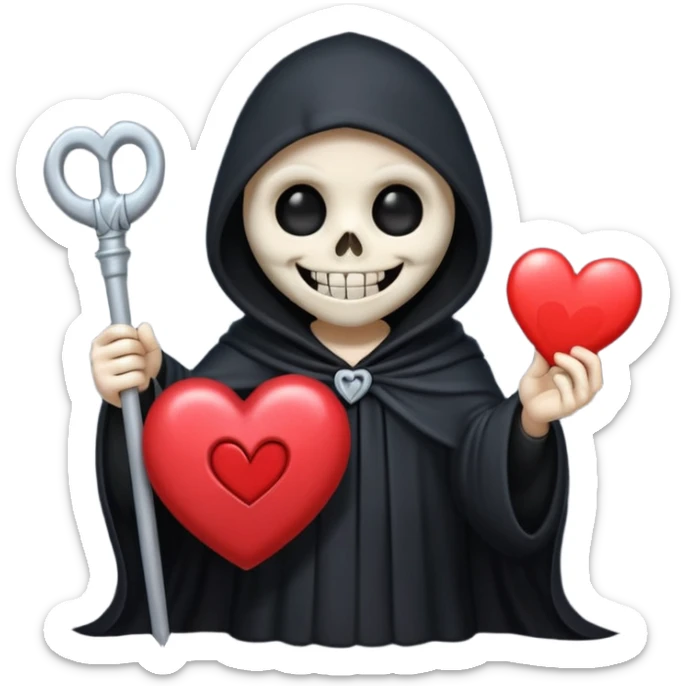 cute animated non-human grim reaper with a big smile and a heart, emoji style sticker