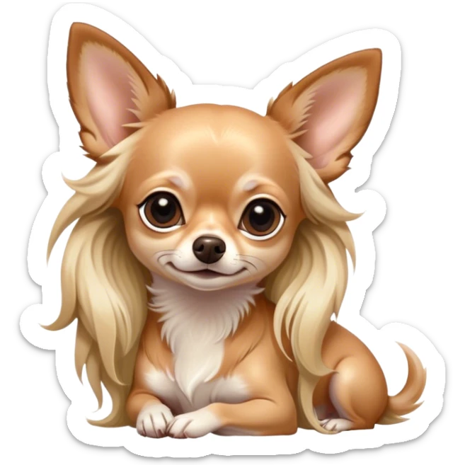 Cinematic Noble Long Haired Fawn Chihuahua Portrait Emoji, Poised and regal, with a delicate, refined build and a flowing, well-groomed long fawn coat, deep-set soulful dark eyes, Simplified yet sharp and sophisticated features, highly detailed, glowing with a soft, dignified glow, high shine, intelligent and loyal, stylized with an air of elegance, focused and attentive, soft glowing outline, capturing the essence of a watchful and confident guardian, so majestic it feels as though it could step out of the screen with effortless authority! sticker