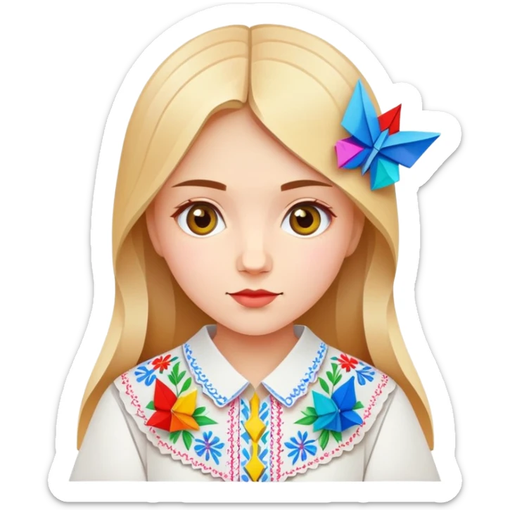 Ukrainian young girl in a white embroidered traditional shirt (vyshyvanka) holding colorful origami sticker