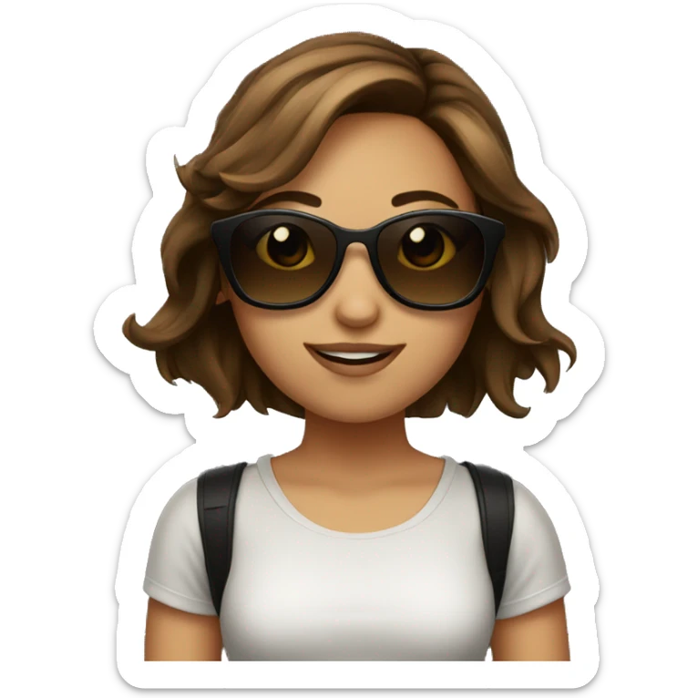 a girl with brown hair with sunglasses on top and black sticker