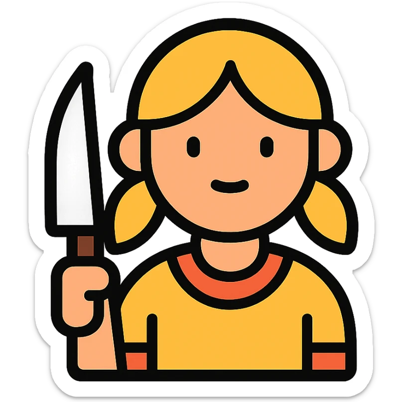 girl holding a knife, color outline icon, black outlines, subtle color accents sticker