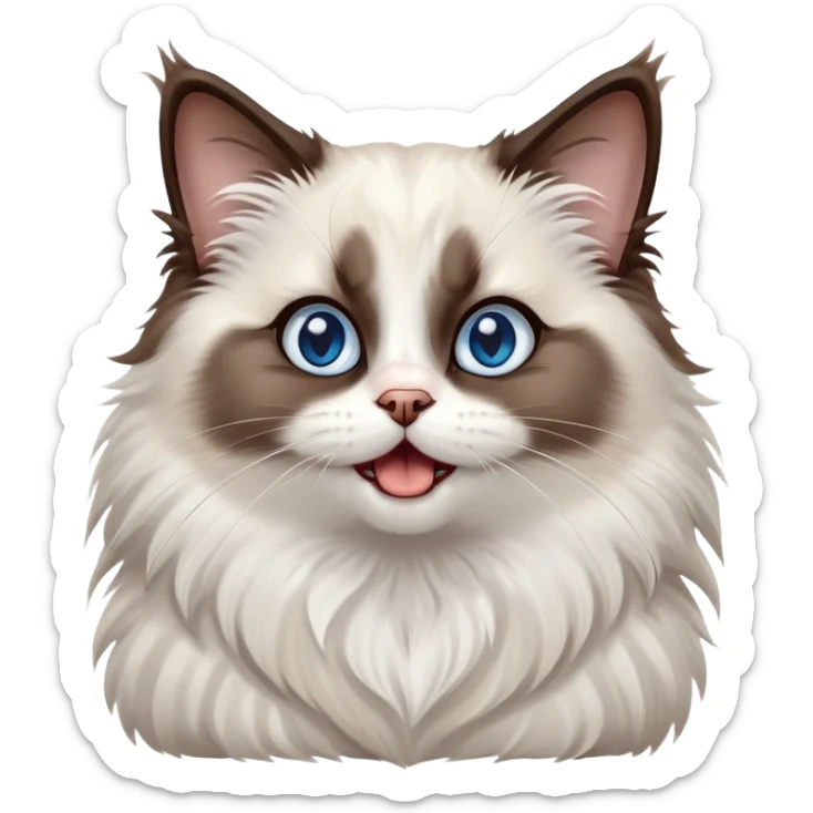 cinematic-adorable-big-eyed-fluffy-dark brown and white ragdoll-cat-portrait-emoji,-head-tilted-playfully-with-a-cute,-yawn,-soft-brown-and white-colored-fur-with-darker-points-on-the-ears,-simplified-yet-irresistibly-cute-features, sparkling blue eyes sticker