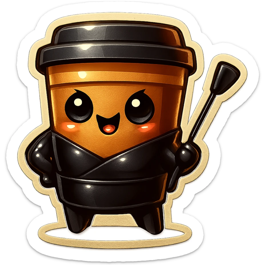 Tall coffee cup, dressed in leather holding a whipping crop, mischevious, sticker