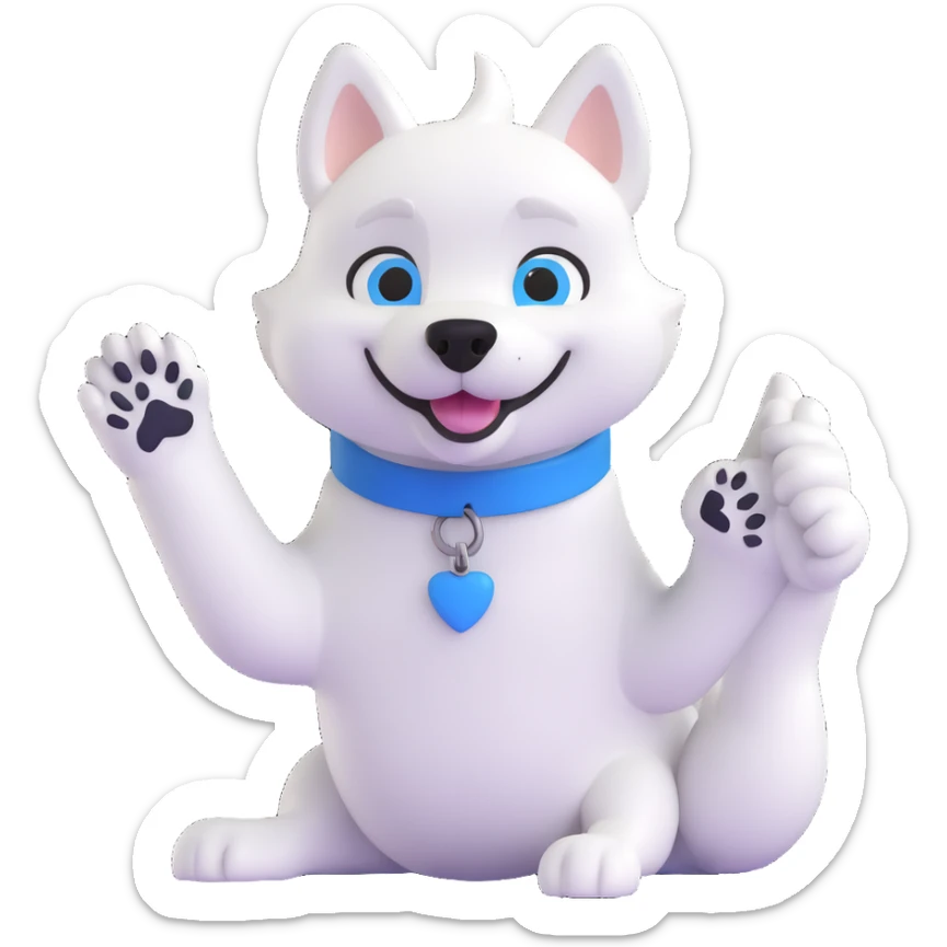mascot of a sports club husky, white, black, blue, raising a paw, greeting sticker