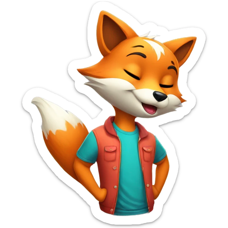 an anthropomorphic fox sending a kiss. The fox is wearing a colorful T-shirt and has a cheerful expression on his face. sticker