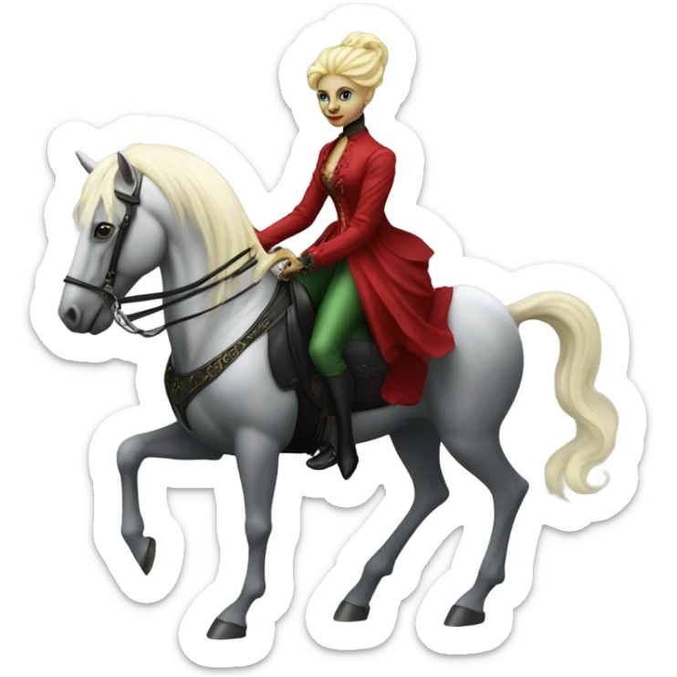 "galora green blonde alien woman" in red Victorian dress elegant, full body, on pegaso sticker