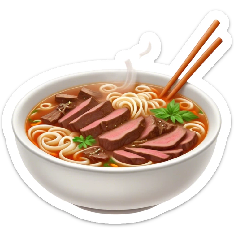 Cinematic Realistic Pho Dish Emoji, depicted as a steaming bowl of aromatic beef noodle soup with herbs rendered with lifelike textures and vibrant, warm lighting. sticker