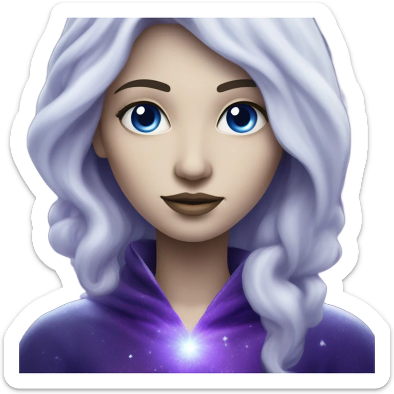 white skinned mystical woman with sparkling galaxy hair with moon and stars in purple and blue shades sticker