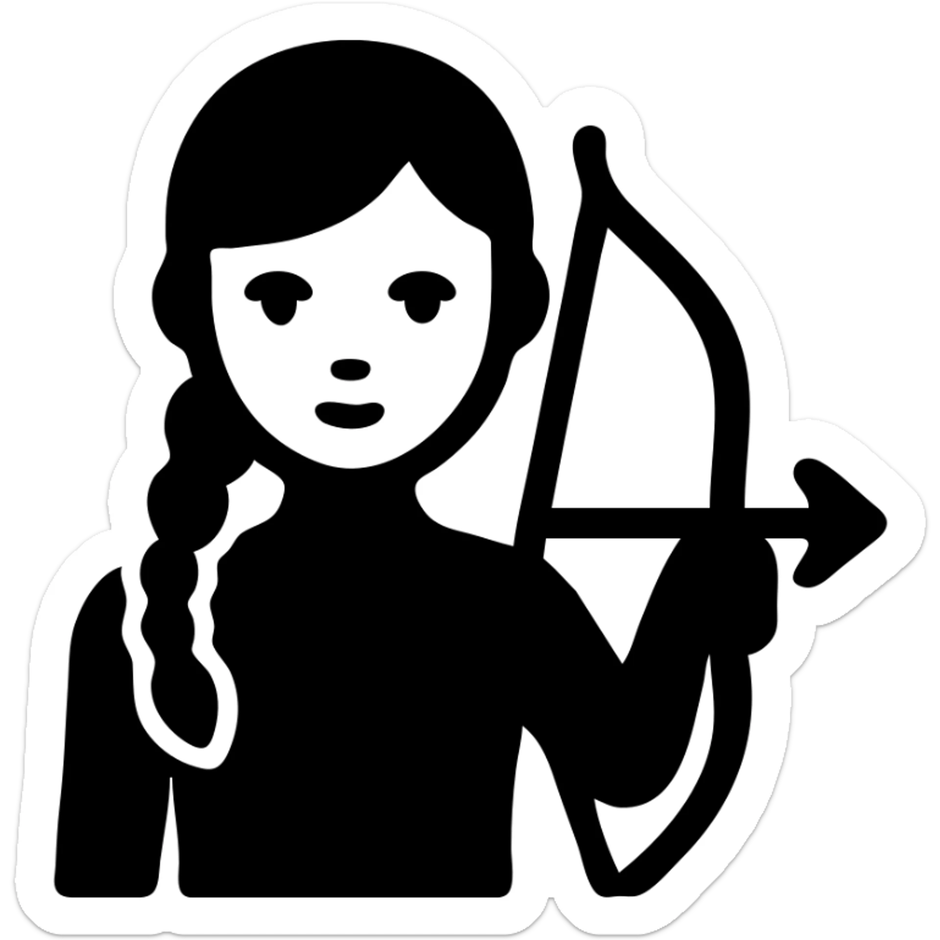 girl with olive skin, gray eyes, black hair in a side braid, black outfit, bow and arrow sticker
