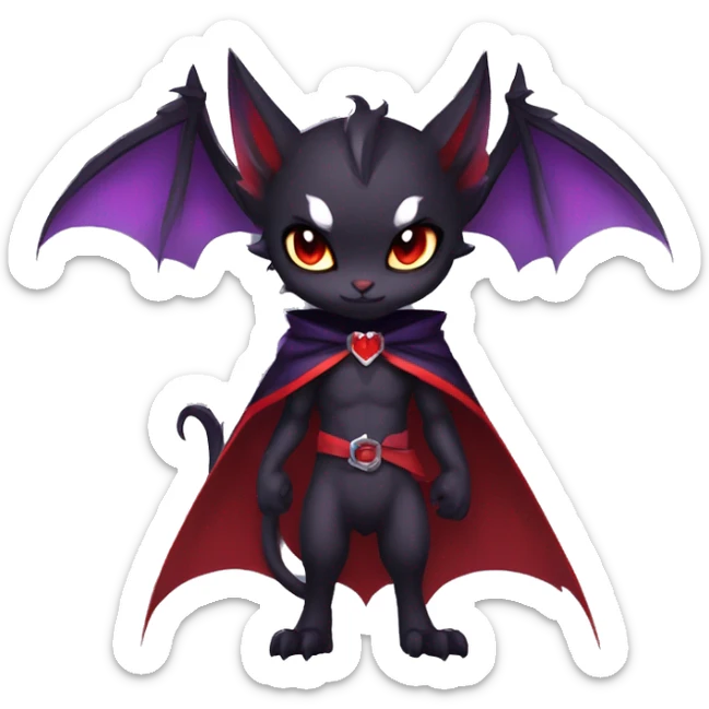  Black Red Purple Chibi Kawaii Edgy Cool Cute Vampiric Demonic Beautiful Noivern-Nargacuga-Litten with big Bat Ears and wearing a cape and collar full body sticker