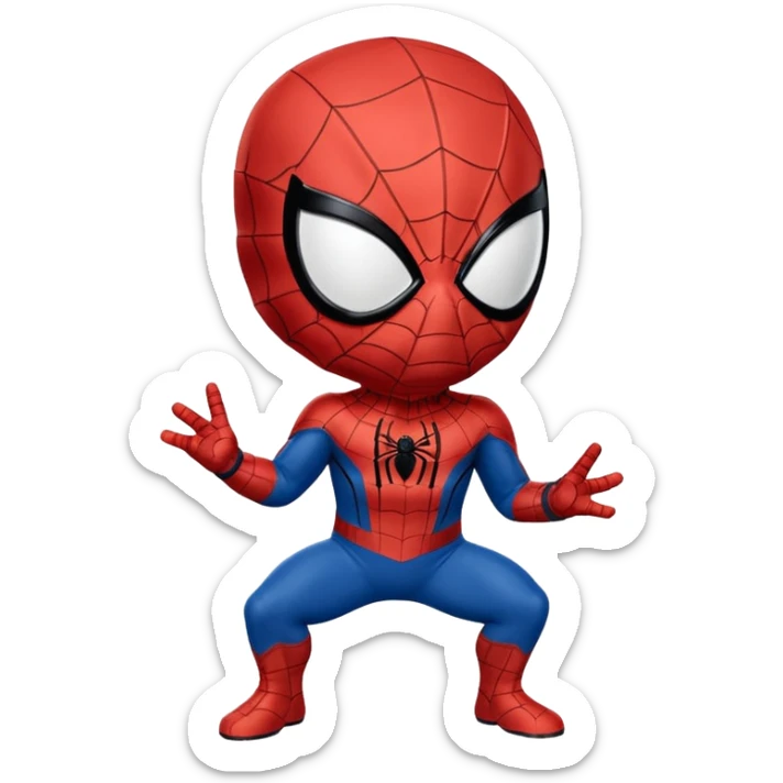 Un piccolo Spider-Man stilizzato in versione “chibi” o cartoonesca, appeso a testa in giù da un filo di ragnatela sottile. Il costume è classico,  La posa è compatta, con le braccia e le gambe piegate verso il corpo, dando un senso di leggerezza e simpatia.  sticker