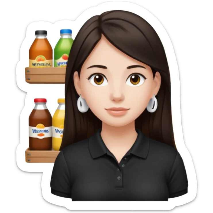 Girl with long dark brown hair with airpods wearing a black wegmans grocery store polo sticker