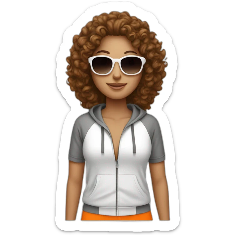 generate a brown curly long hair white woman with sunglasses, she wear a orange tracksuit  sticker