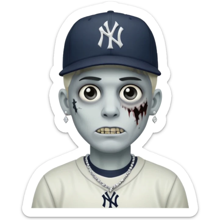 Zombie con aretes con una gorra new York yankee y una cadena de diamante hombre aretes pequeños y de negro y blanco  aretes pequeños  sticker