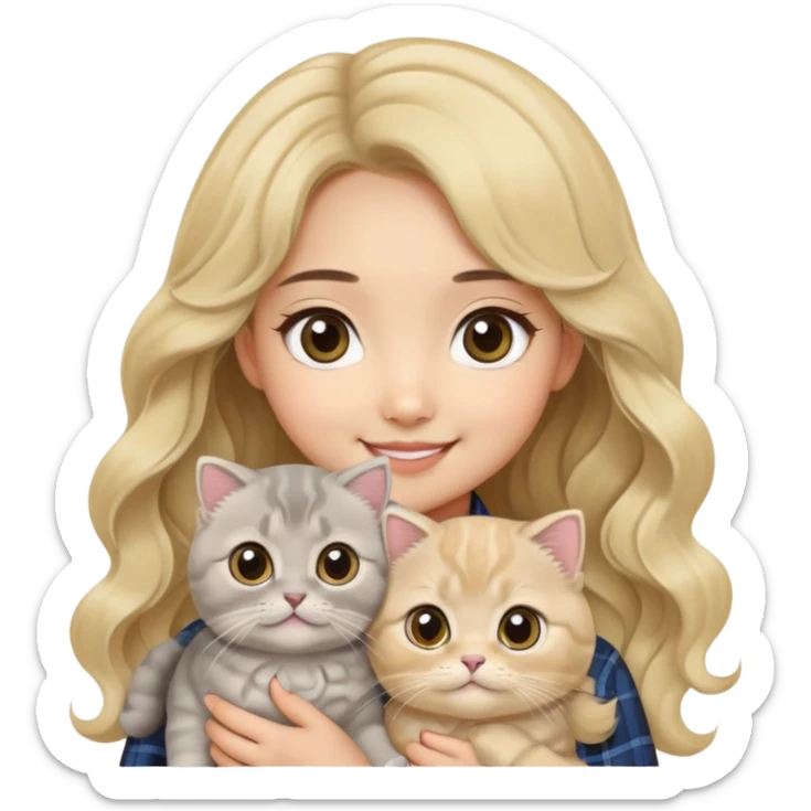 Gray Scottish fold hold by Asian girl big eye blonde wavy long hair smiling  sticker